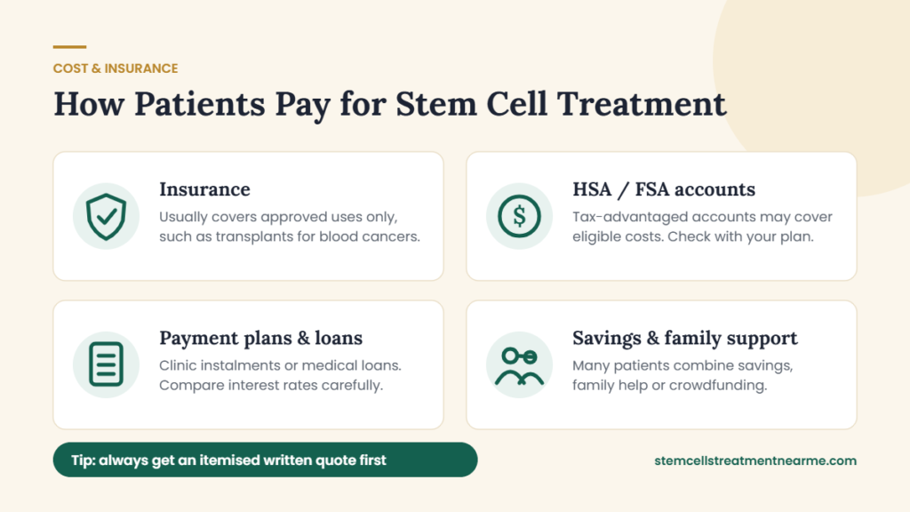 How patients pay for stem cell treatment: insurance, HSA/FSA, payment plans and loans, savings and family support